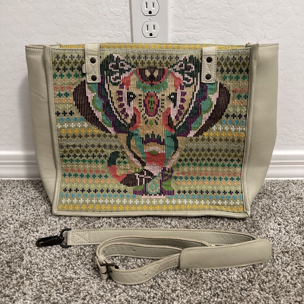 Nena & Co. Elephant Guatemala Artisan Tote Shoulder Strap Beige Leather Bag